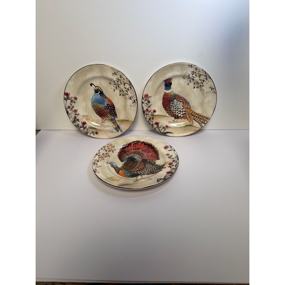 Pottery Barn Fresco‎ Birds Salad Plates - Set of 3 (Turkey, Pheasant, Quail)